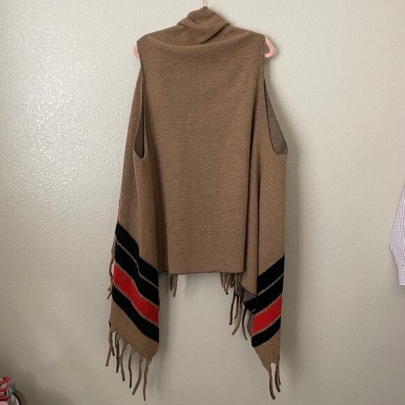 Lane Bryant Poncho Womens Tan Open Front Striped Fringe Cardigan Duster Sweater - Picture 8 of 12